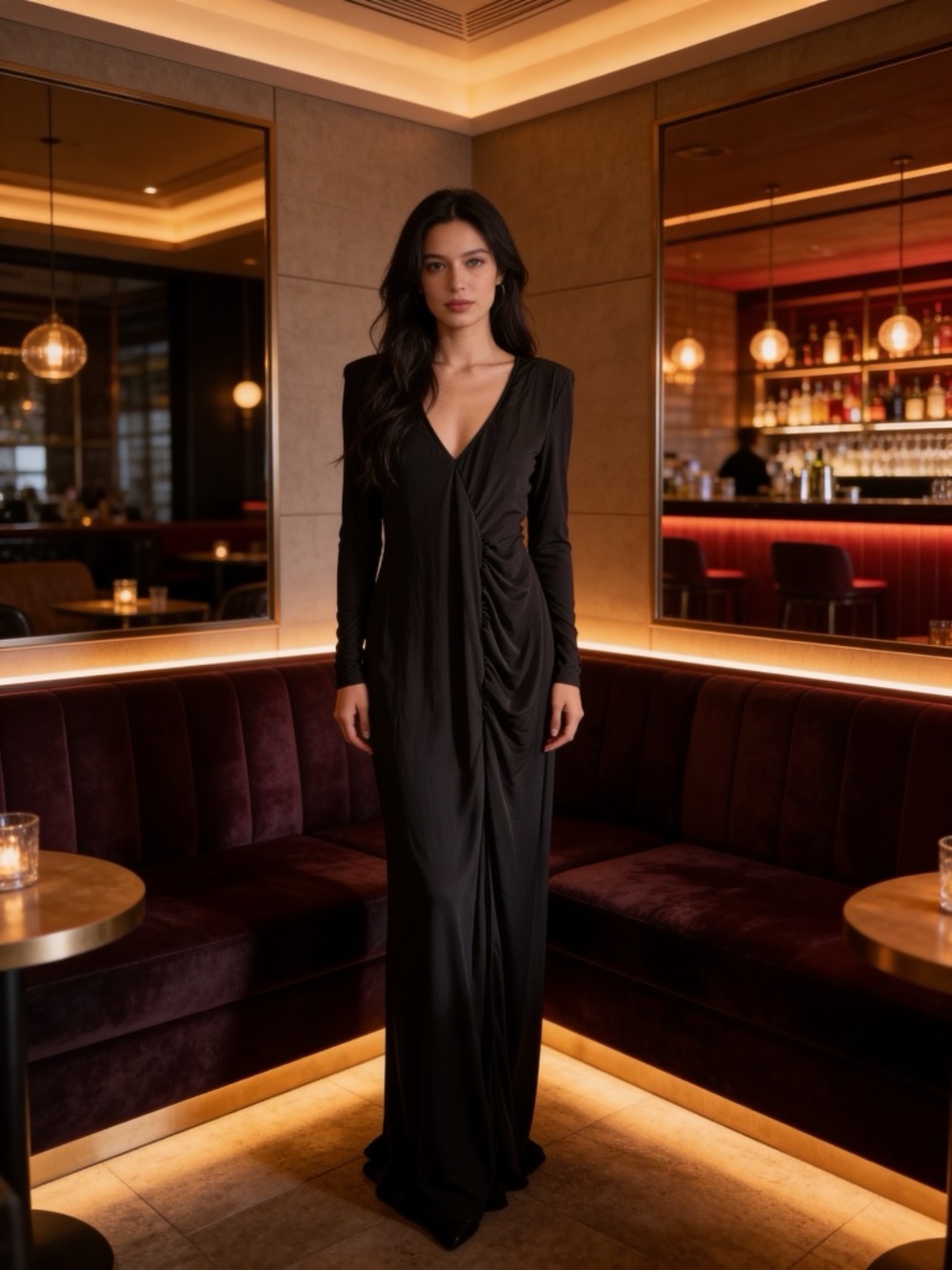 Fashion Nova Black Long Sleeve Draped Maxi Dress